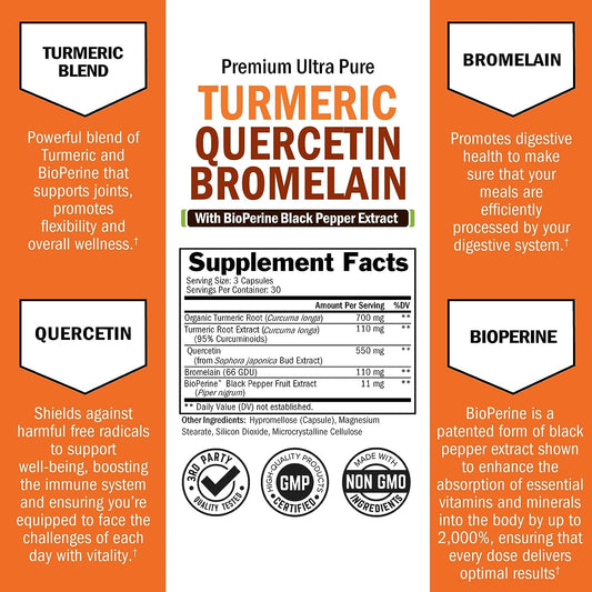 Turmeric Supplement with Quercetin Bromelain (90 Capsules) Natural Immune and Joint Support with BioPerine Black Pepper for Max Absorption - Organic Tumeric Curcumin (Vegan Safe, Non-GMO) 30 Servings