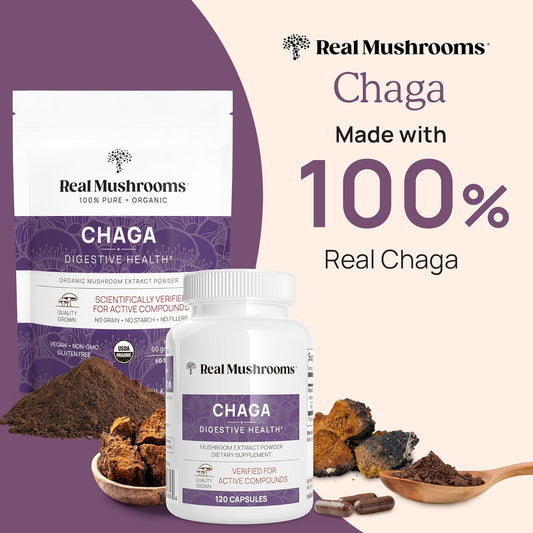 Real Mushrooms Chaga Powder - Organic Mushroom Supplement With Chaga Extract - Chaga Mushroom Powder For Digestion, Energy, & Immune Support - Vegan Mushroom Extract, Non-Gmo, 60 Servings