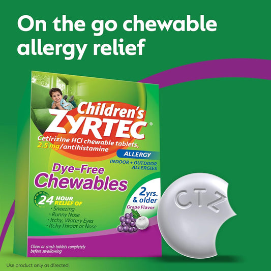 Zyrtec Children'S Dye-Free Chewables For 24 Hour Allergy Relief, 2.5 Mg Cetirizine Hcl Antihistamine Tablets, Kids Allergy Medicine Relieves Sneezing & Itchy Nose & Throat, Grape, 12 Ct