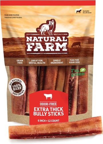 Natural Farm Odor Free Jumbo Bully Sticks (6 Inch, 12 Pack), Extra-Thick Dog Treats – Fully Digestible 100% Beef Treats, Natural Dental Chews – Keep Your Dog Busy With 50% Longer Lasting Chews