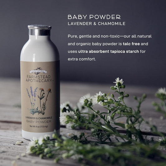 Farmstead Apothecary 100% Natural Baby Powder (Talc-Free) with Organic Tapioca Starch, Organic Chamomile Flowers, Organic Calendula Flowers, Lavender & Chamomile 4 oz