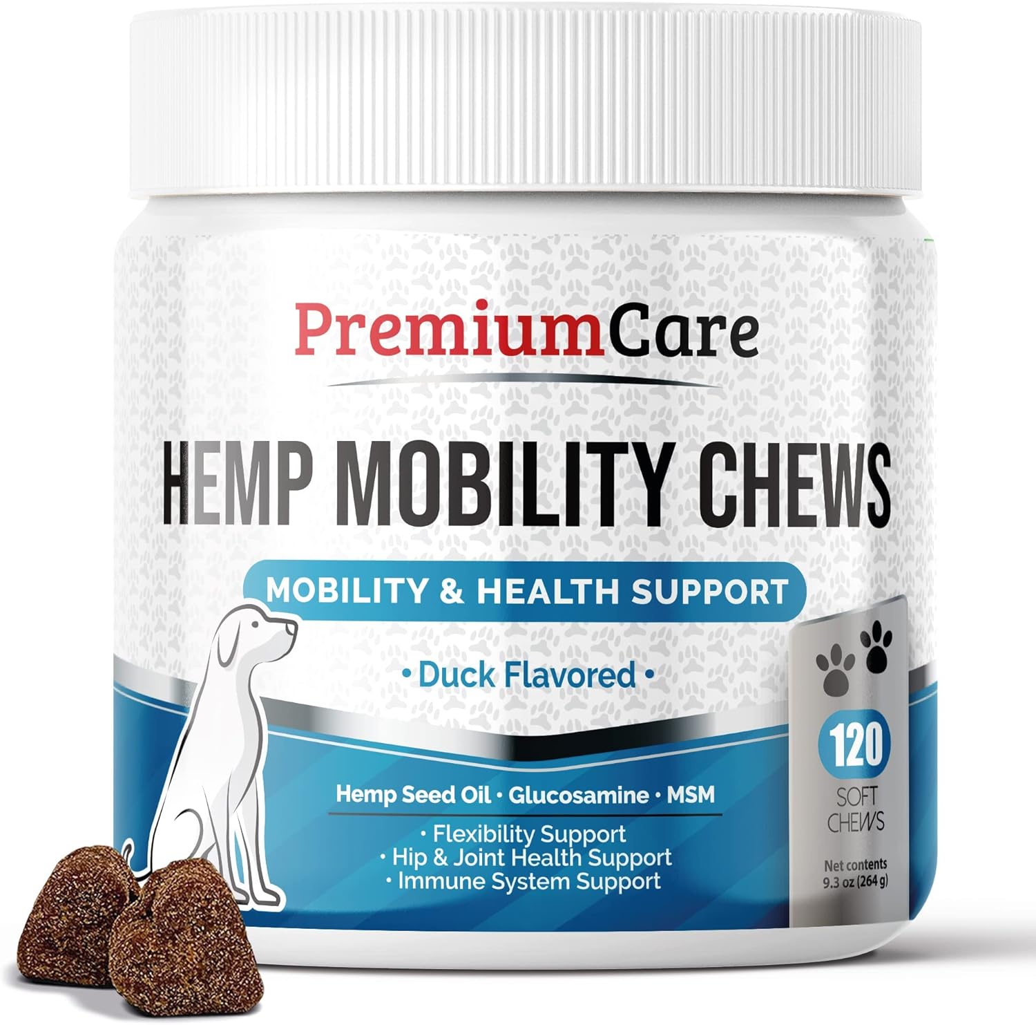PREMIUM CARE Glucosamine Chews for Dogs with Hemp - Hip and Joint Health Supplement for Mobility Support - Dog Glucosamine Chews with Hemp for Dogs- 120 Hemp Treats