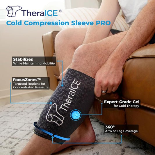 Theraice Elbow Ice Pack Pro Compression Sleeve, Reusable Gel Cold Packs Brace For Knee, Shin Splints, Calf Strain, Flexible Cold Wrap Recovery, Focuszone Technology For Extra Cooling & Pressure (S)