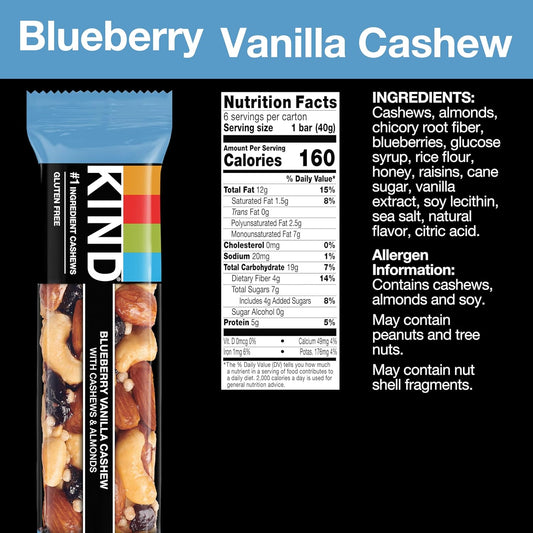 Kind Bars, Blueberry Vanilla Cashew, Healthy Snacks, Gluten Free, 5G Protein, 12 Count