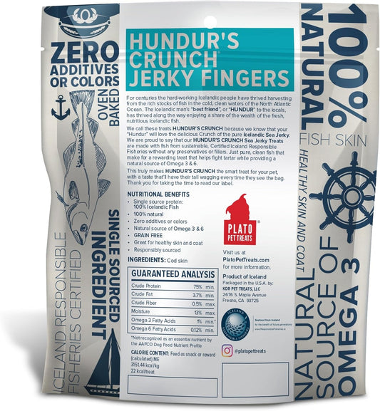 Plato Pet Treats Air Dried Dog Treats Hundur'S Crunch Single Ingredient Cod Skin Dog Treats, Jerky Fingers, For Healthy Skin & Coat, Grain Free, All Natural Cod, Single Ingredient Fish, 3.5Oz