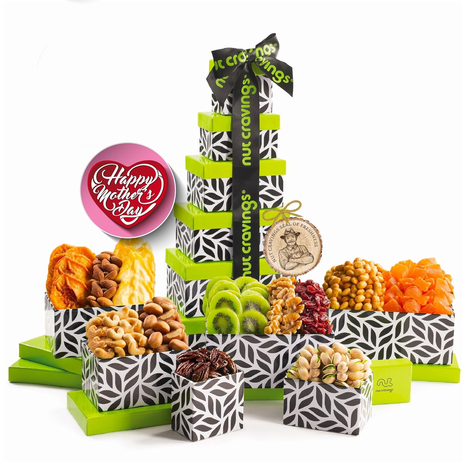 Nut Cravings Gourmet Collection - Mothers Day Dried Fruit & Mixed Nuts Gift Basket Leaf Tower + Ribbon (12 Assortments) Arrangement Platter, Birthday Care Package - Healthy Kosher
