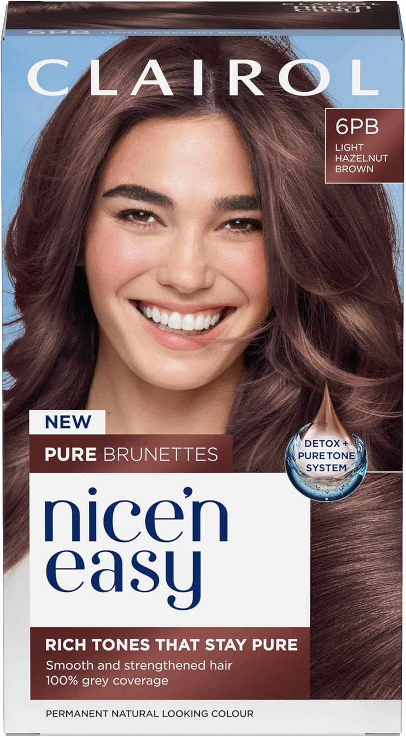 Clairol Nice N’ Easy Pure Brunettes Hair Colour | Pure And Rich Brown Tones | Smooth, Natural Hair Colour | With Pre-Colour Serum | 100% Grey Coverage | 6Pb Light Hazelnut Brown| Permanent Hair Dye