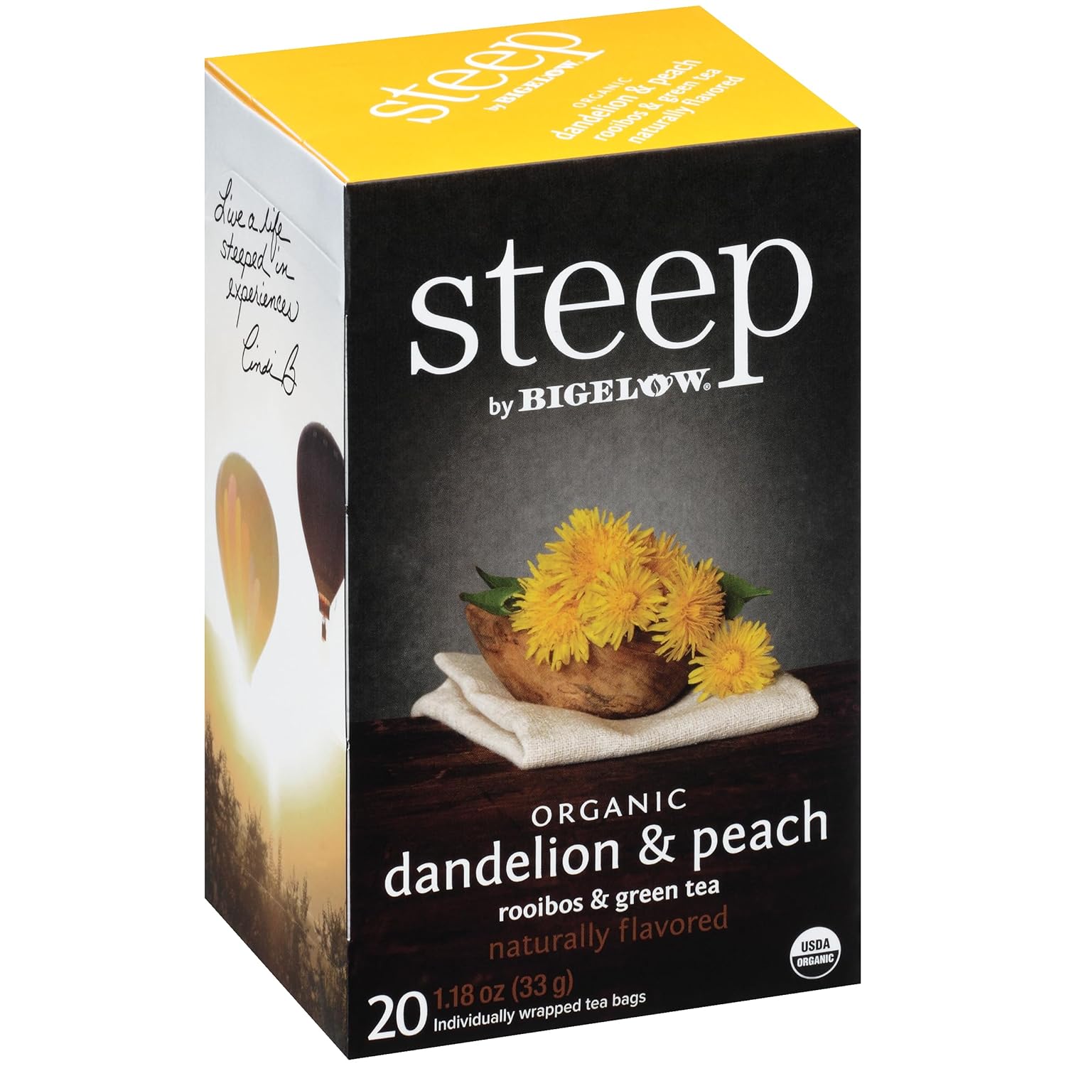 Steep By Bigelow Organic Dandelion And Peach With Rooibos And Green Tea, Caffeinated, 20 Count (Pack Of 6) 120 Total Tea Bags