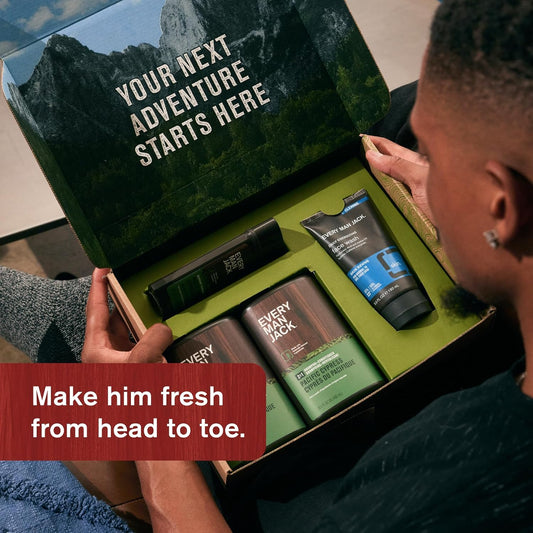 Every Man Jack Men’S Pacific Cypress Bath And Body Gift Set - Clean Ingredients & Conifer Branches, Sea Salt, And Citrus Scent - Body Wash, 2-In-1 Shampoo, Deodorant & Face Wash