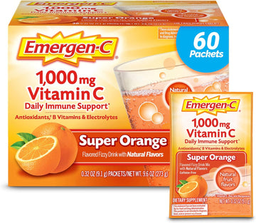 Emergen-C 1000Mg Vitamin C Powder For Daily Immune Support Caffeine Free Vitamin C Supplements With Zinc And Manganese, B Vitamins And Electrolytes, Super Orange Flavor -60 Count(Pack Of 1)