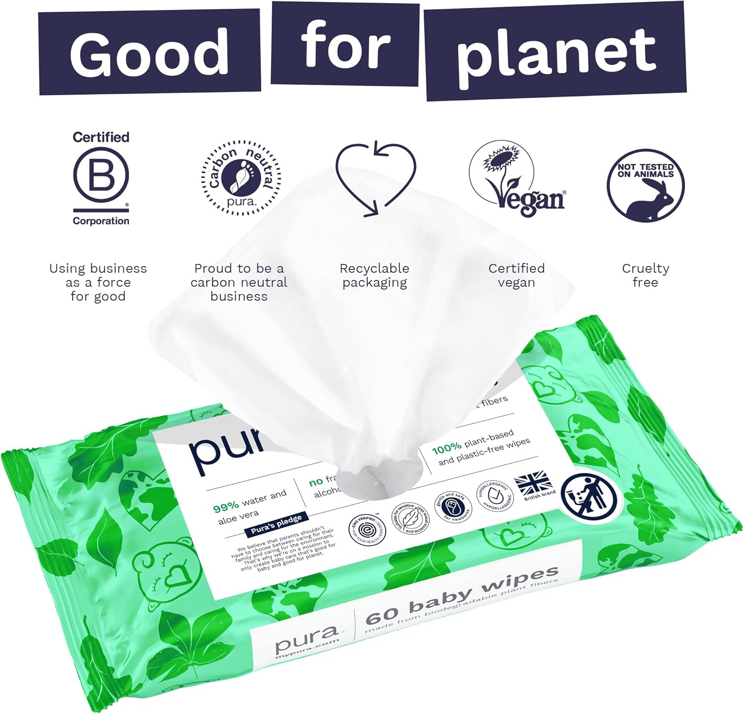 Pura Natural Sensitive Baby Wipes, 99% Water, Unscented & Hypoallergenic, Suitable For Sensitive & Eczema-Prone Skin, Fragrance Free & Hypoallergenic, Ewg Verified, 3 X 60 Per Pack (180 Wipes)