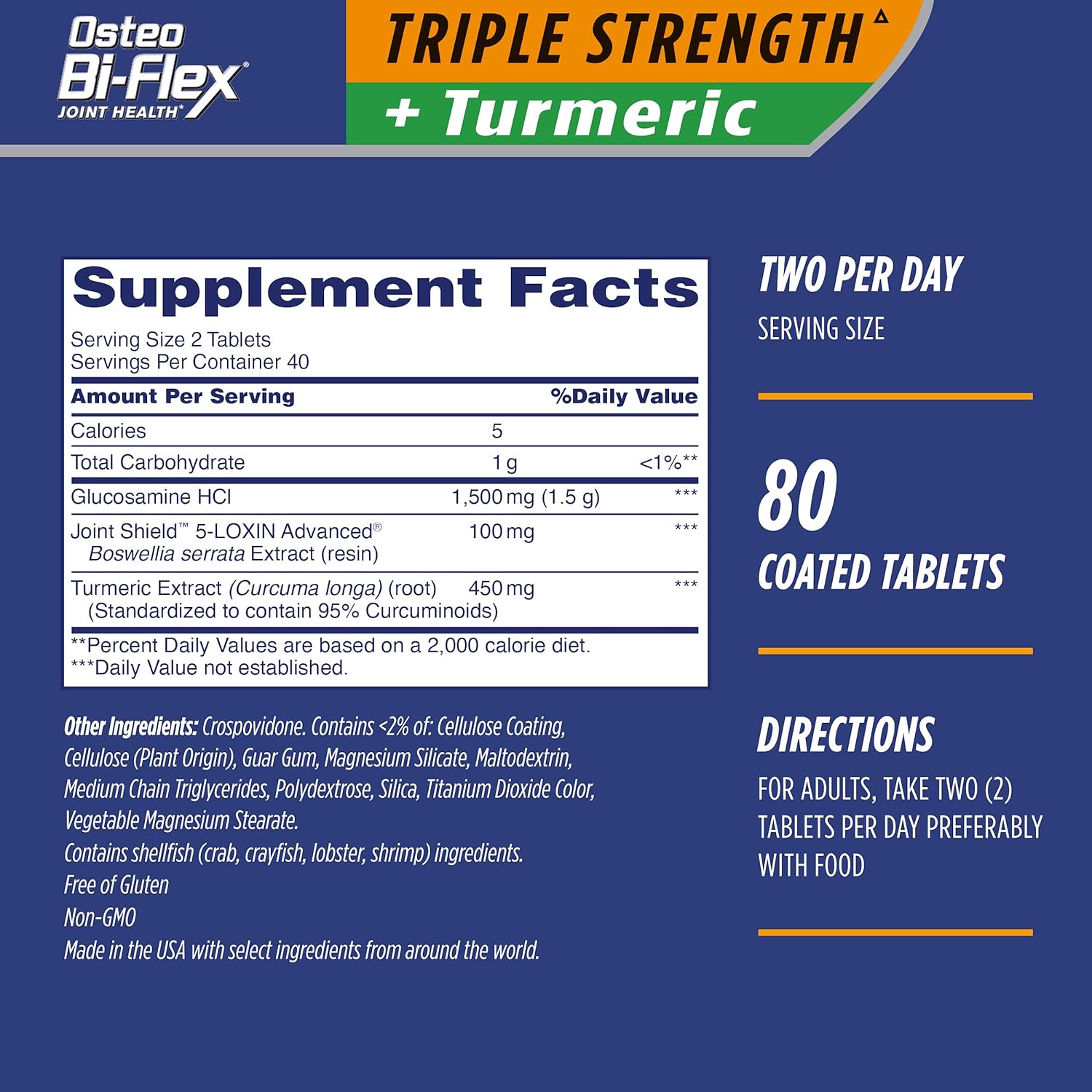 Osteo Bi-ex Triple Strength Glucosamine with Turmeric, Joint Health Supplement, Coated Tablets, Original Version, 80 Count