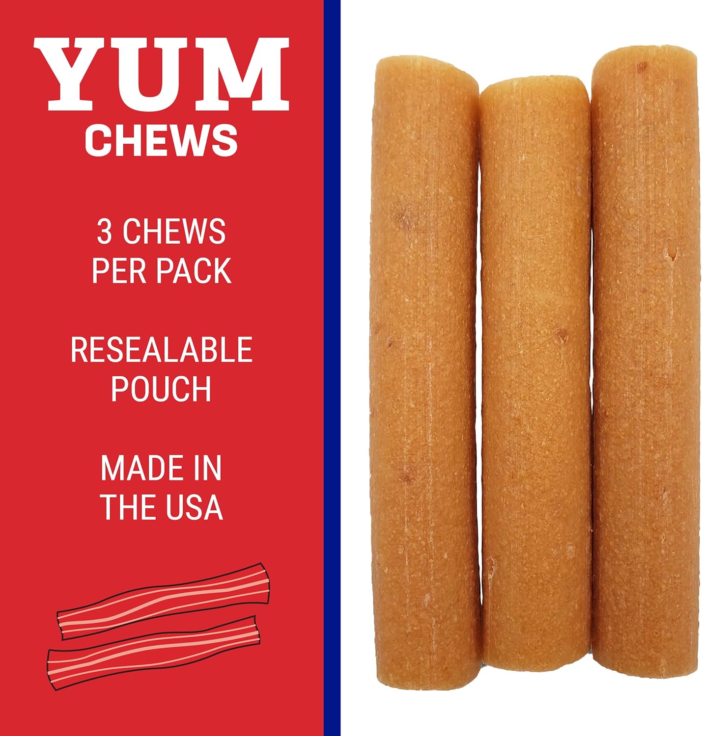 Himalayan Dog Chew Yak Cheese Dog Chews, Lactose Free & Grain Free, USA Made, For All Dog Breeds, Medium Density Cheese Chew, Resealable Pouch with 3 YUM Treats, Bacon Flavor
