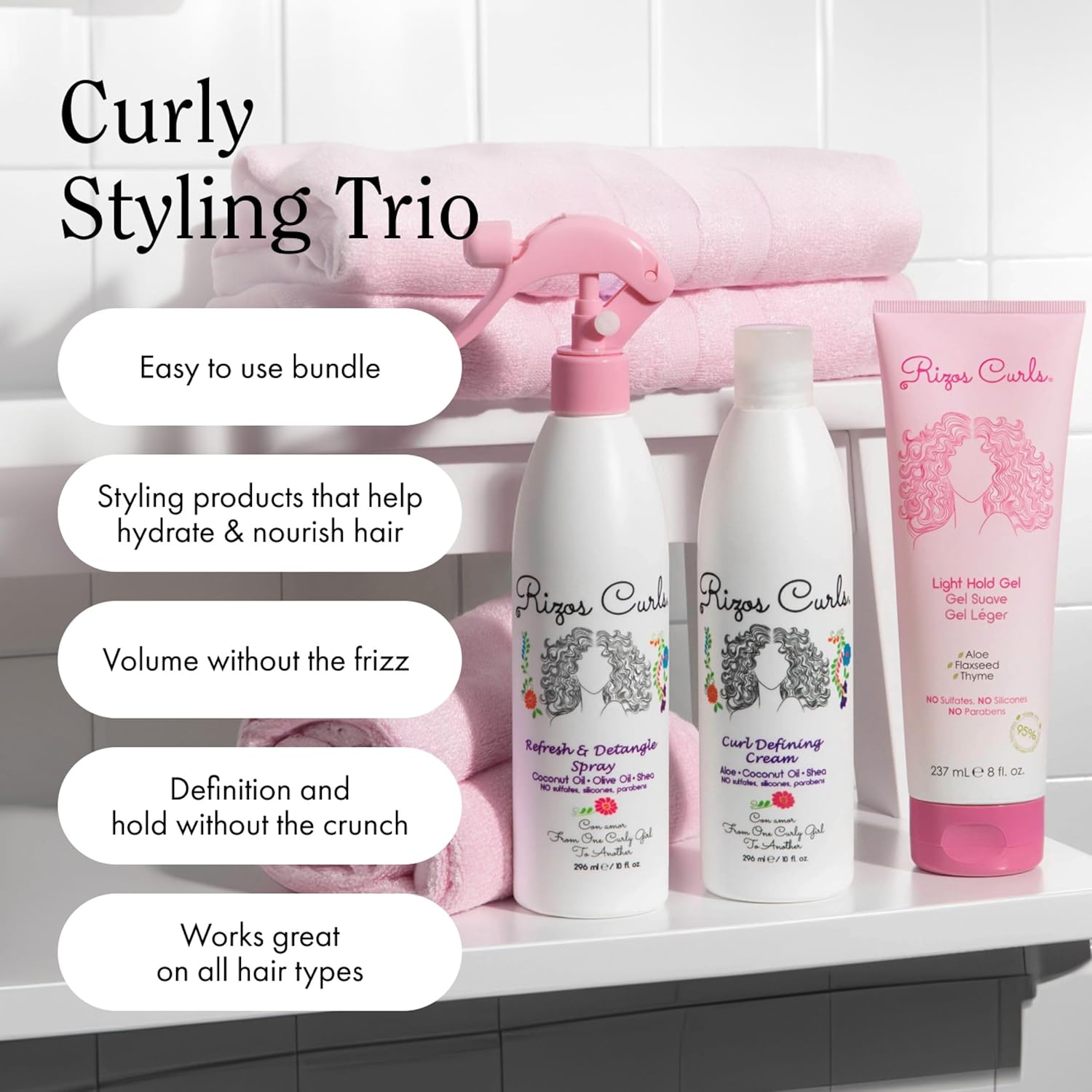 Rizos Curls Styling Starter Kit, Refresh And Detangle Spray & Curl Defining Cream & Light Hold Gel Bundle, Enhance & Define Curls, Add Volume & Hold, Frizz Control & Shine : Beauty & Personal Care