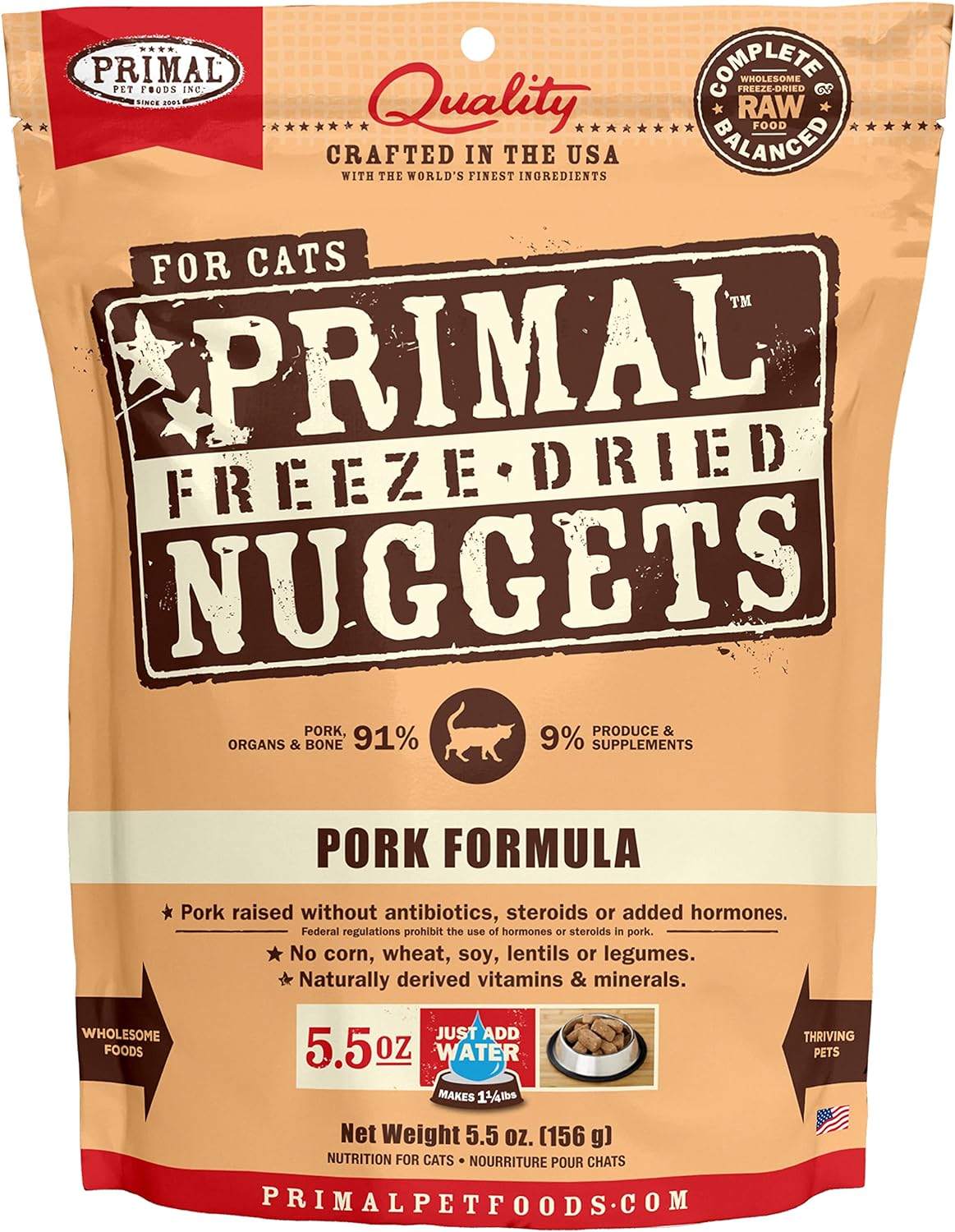 Primal Freeze Dried Cat Food Nuggets Pork; Complete & Balanced Meal or Topper; Premium, Healthy, Grain Free, High Protein Raw Cat Food with Probiotics (5.5 oz)