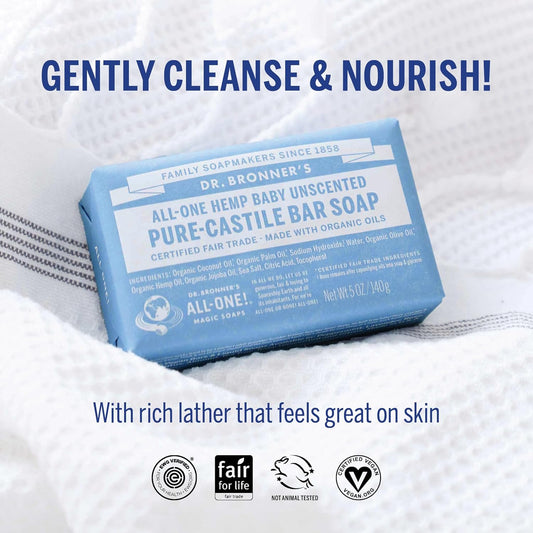 Dr. Bronner'S - Pure-Castile Bar Soap (Unscented, 5 Ounce, 2-Pack) - Made With Organic Oils, For Face, Body And Hair, Gentle And Moisturizing, Biodegradable, Vegan, Cruelty-Free, Non-Gmo