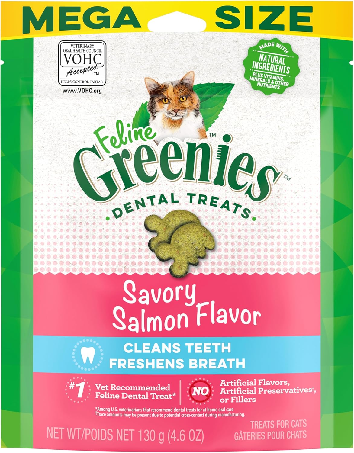 Greenies Feline Adult Natural Dental Care Cat Treats, Savory Salmon Flavor, 4.6 Oz. Pouch