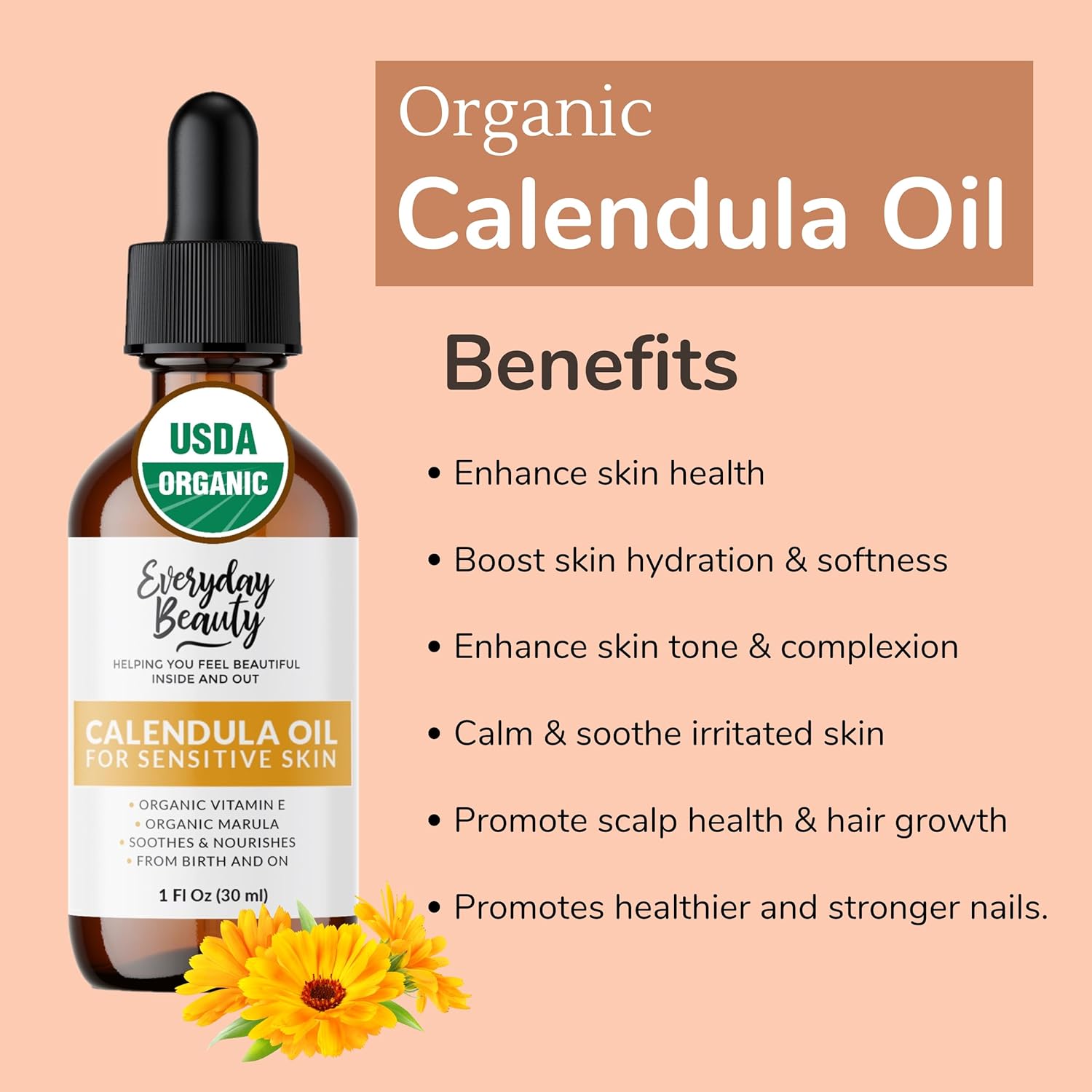Organic Calendula Oil For Sensitive Skin -Bulk 32 Fl Oz- Usda Organic Certified 100% All Natural Plant Based, Lightweight & Unscented Gentle Soothing Oil For Sensitive Skin - For Face, Skin & All Over : Beauty & Personal Care