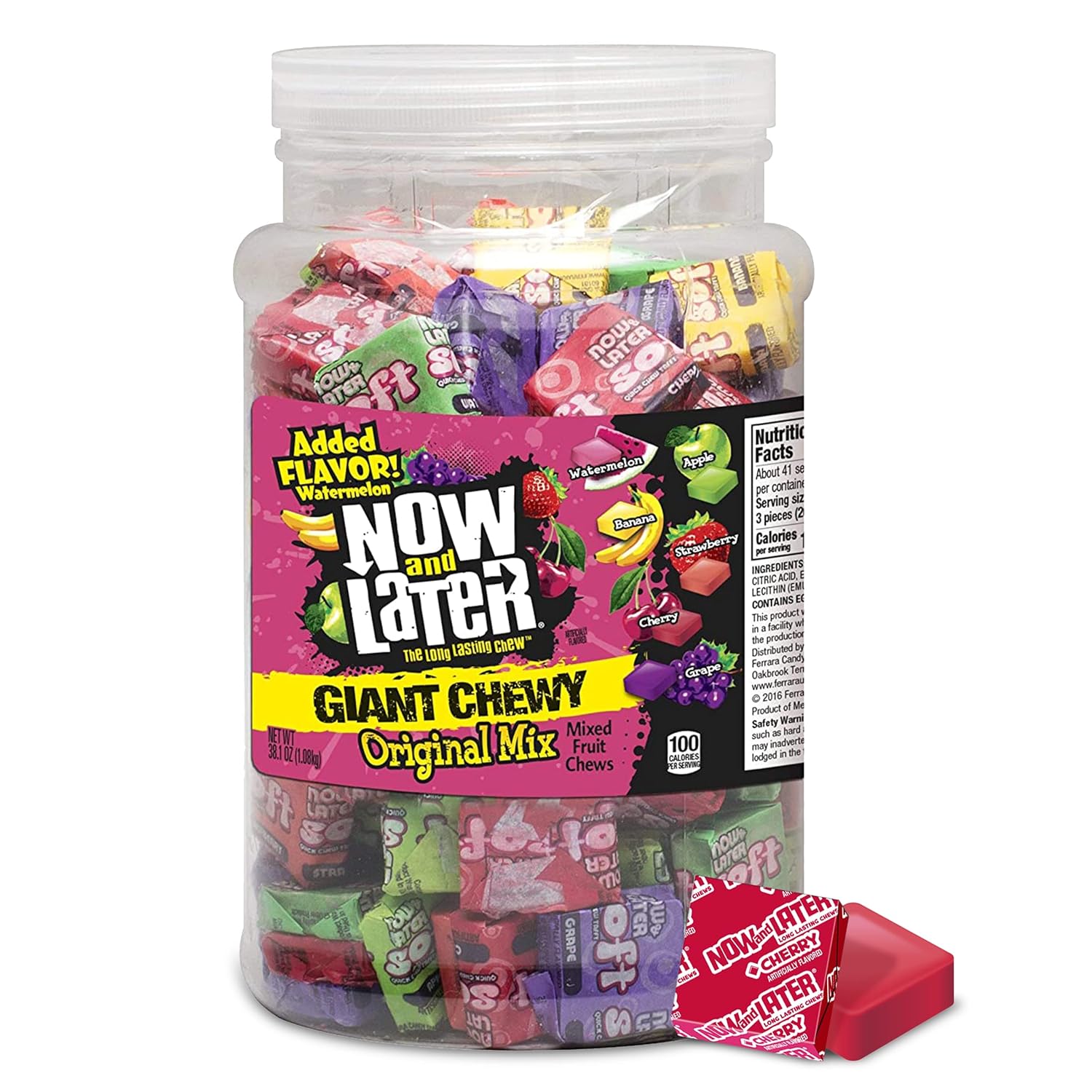 Now And Later Giant Chewy Original Mix Candy, Mixed Fruit Chew Candy, 38 Ounce Tub