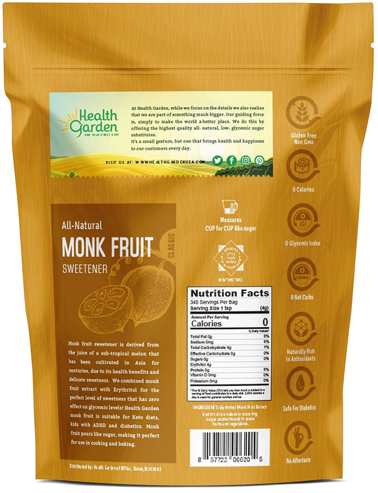 Health Garden Monk Fruit Sweetener, Classic White - Non Gmo - Gluten Free - 1:1 Sugar Substitute - Keto Friendly - Taste Like Sugar (9.75 Lb)