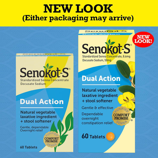 Senokot-S Dual Action 60 Tablets, Natural Vegetable Laxative Ingredient Plus Stool Softener Tablets, Gentle Dependable Overnight Relief Of Occasional Constipation White