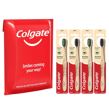 Colgate Charcoal Bamboo Toothbrushes, Eco Friendly Natural Bamboo Handle, Soft, 4 Count