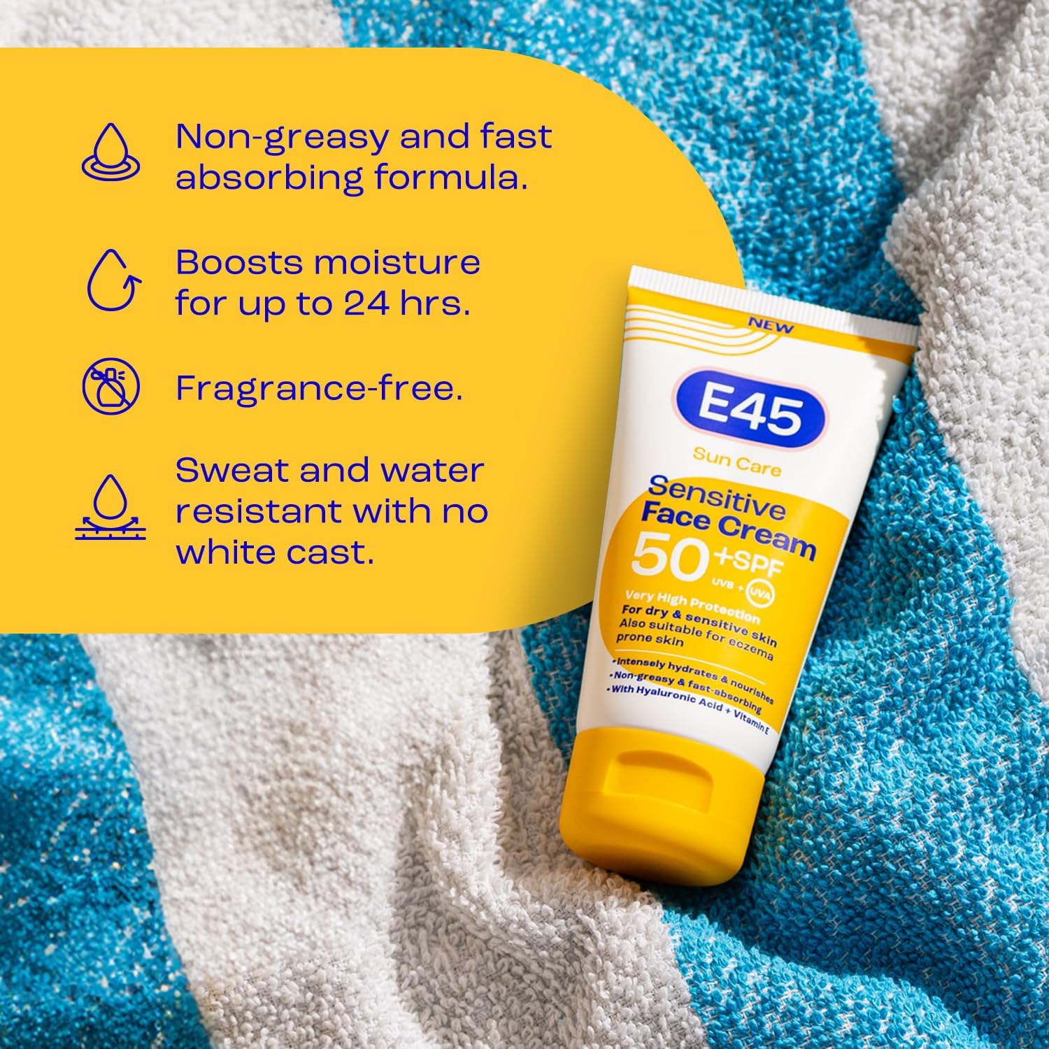 E45 SPF50+ Sensitive Sun Cream for Face with Hyaluronic Acid - UVA and UVB Protection - Fragrance-Free and Dermatologically Tested Sunscreen - Suitable For Dry, Sensitive and Eczema Prone Skin (50ml) : Amazon.co.uk: Beauty