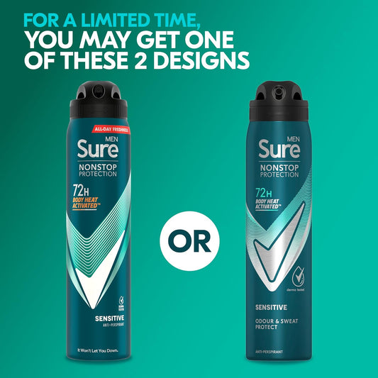 Sure Men Nonstop Protection Sensitive Anti-Perspirant Aerosol Men'S Deodorant Spray With Body Heat Activated Technology And A Clean Fragrance For 72 Hour Odour And Sweat Protection 6X 250 Ml