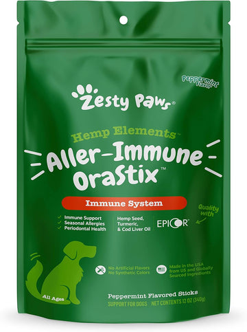 Zesty Paws Orastix For Dogs - Aller-Immune Sticks With Hemp Seed Turmeric Epicor Pets Fish Oil Supports Immune Function Seasonal Allergies Skin Health Healthy Teeth Gum Blend 12Oz