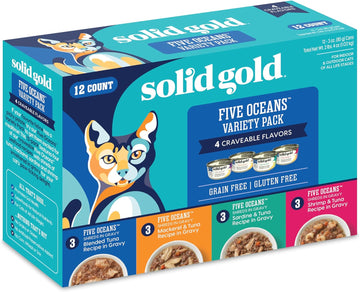 Solid Gold Wet Cat Food Shreds In Gravy - Canned Variety Pack Made W/Real Tuna - Five Oceans Grain Free - 12Ct/3Oz Can