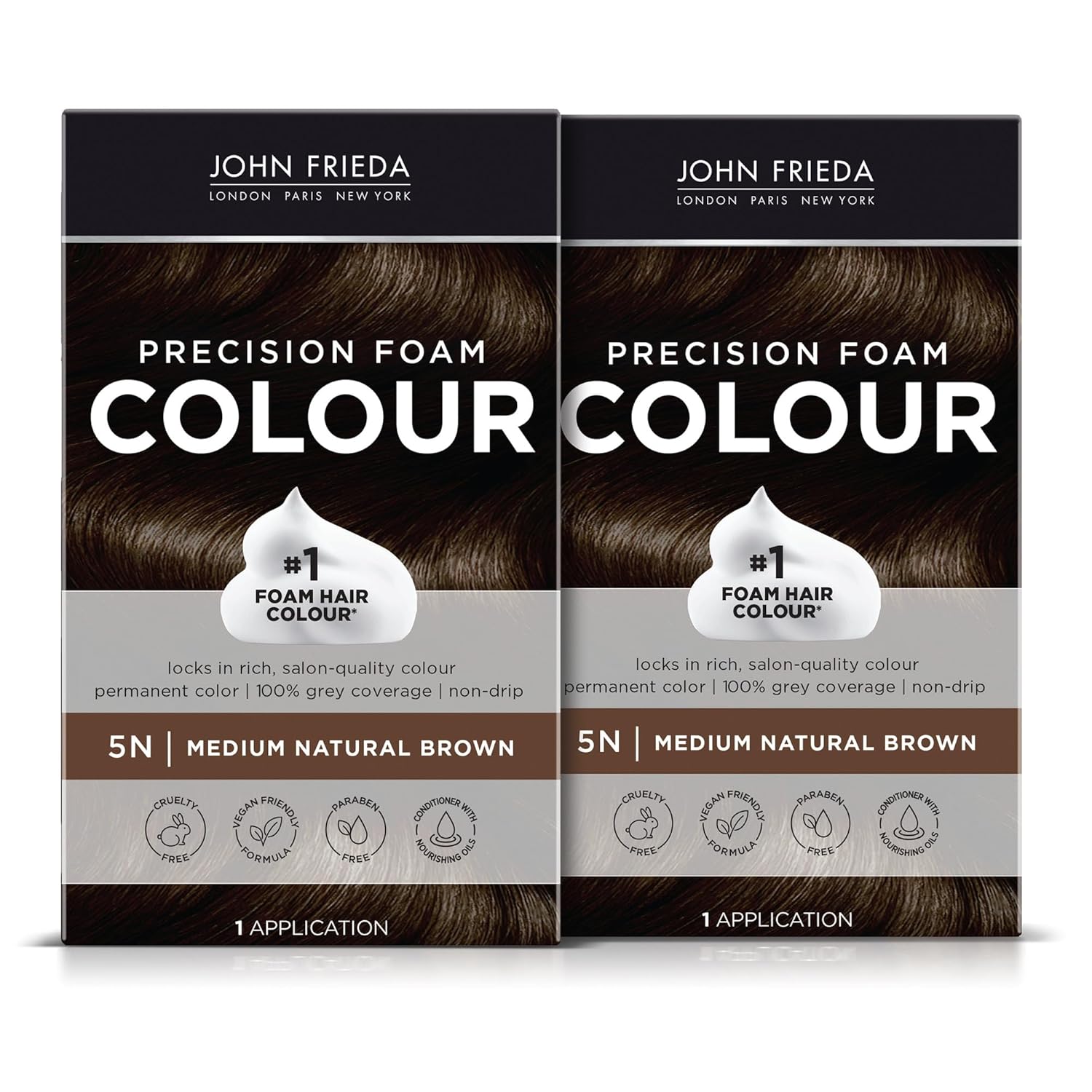 John Frieda Brown Permanent Precision Hair Color, Foam Hair Kit, Brown Hair Dye, 5N Medium Natural Brown Hair Color, Pack Of 2
