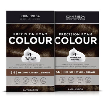 John Frieda Brown Permanent Precision Hair Color, Foam Hair Kit, Brown Hair Dye, 5N Medium Natural Brown Hair Color, Pack Of 2