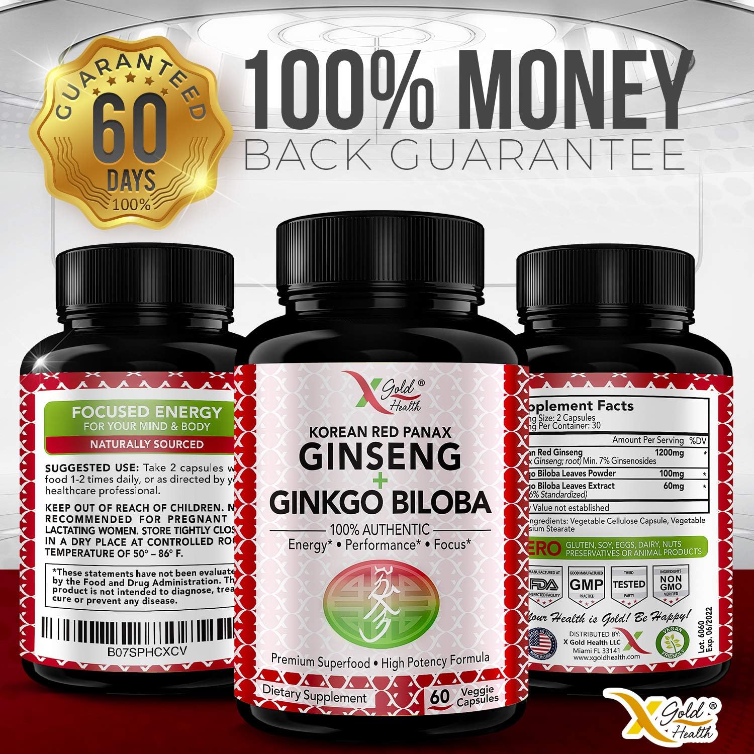 Korean Red Panax Ginseng 1200mg + Ginkgo Biloba - Extra Strength Root Extract Powder Supplement w/High Ginsenosides Vegan Capsules for Energy, Performance & Focus - Supplement for Men & Women : Health & Household