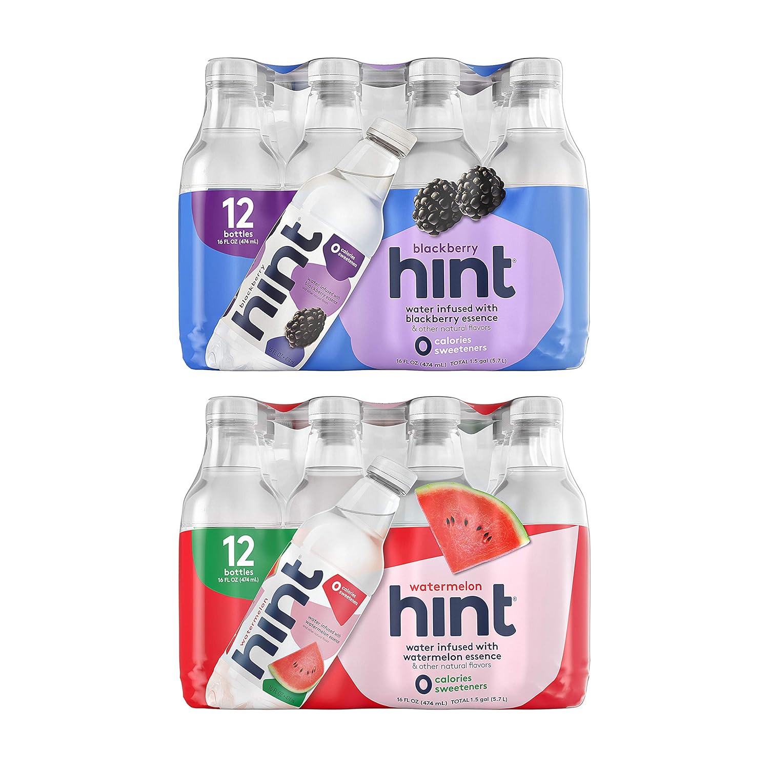 Hint Water Blackberry And Hint Water Watermelon (Pack Of 24), 12 Bottles Hint Blackberry & 12 Bottles Hint Watermelon, Zero Calories, Zero Sugar And Zero Diet Sweeteners, 16 Ounce Bottles