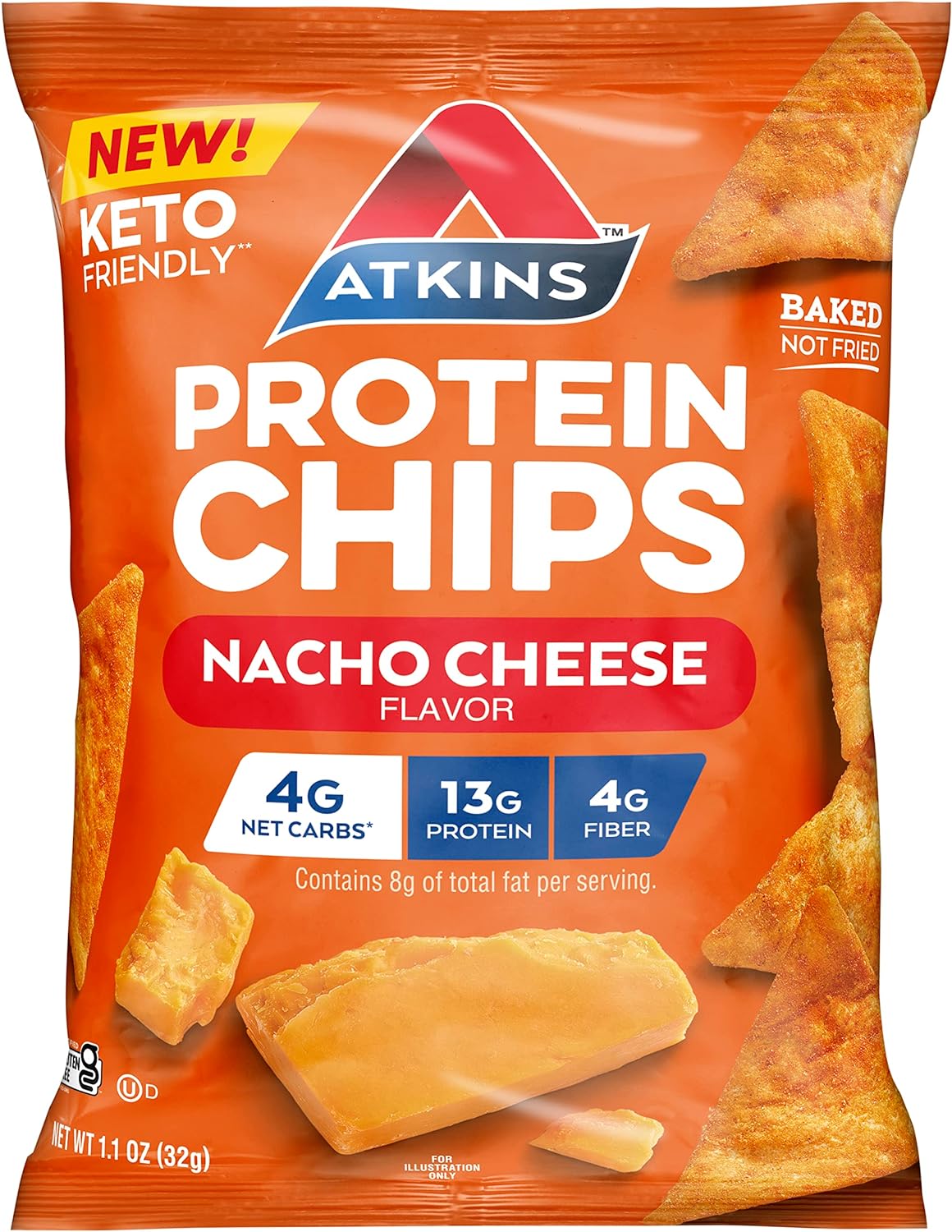 Atkins Nacho Cheese Protein Chips, 4G Net Carbs, 13G Protein, Gluten Free, Low Glycemic, Keto Friendly, 12 Count