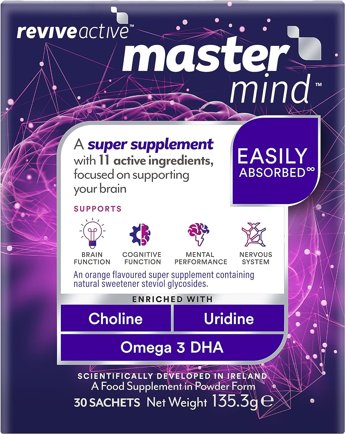 Mastermind Memory & Focus Super Supplement By Revive Active - Supports Brain & Cognitive Function In 1 Daily Sachet - Mental Performance With Omega 3 Dha, Vitamin B5, Uridine & Choline - 30 Day Supply