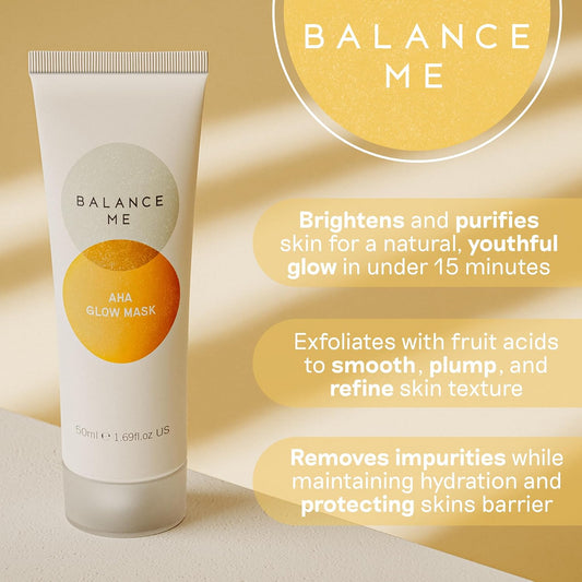Balance Me Aha Glow Face Mask 50Ml, With Glycolic Acid, Brightening & Purifying Clay Mask, Triple-Action Exfoliation, Anti-Aging, Radiant Skin