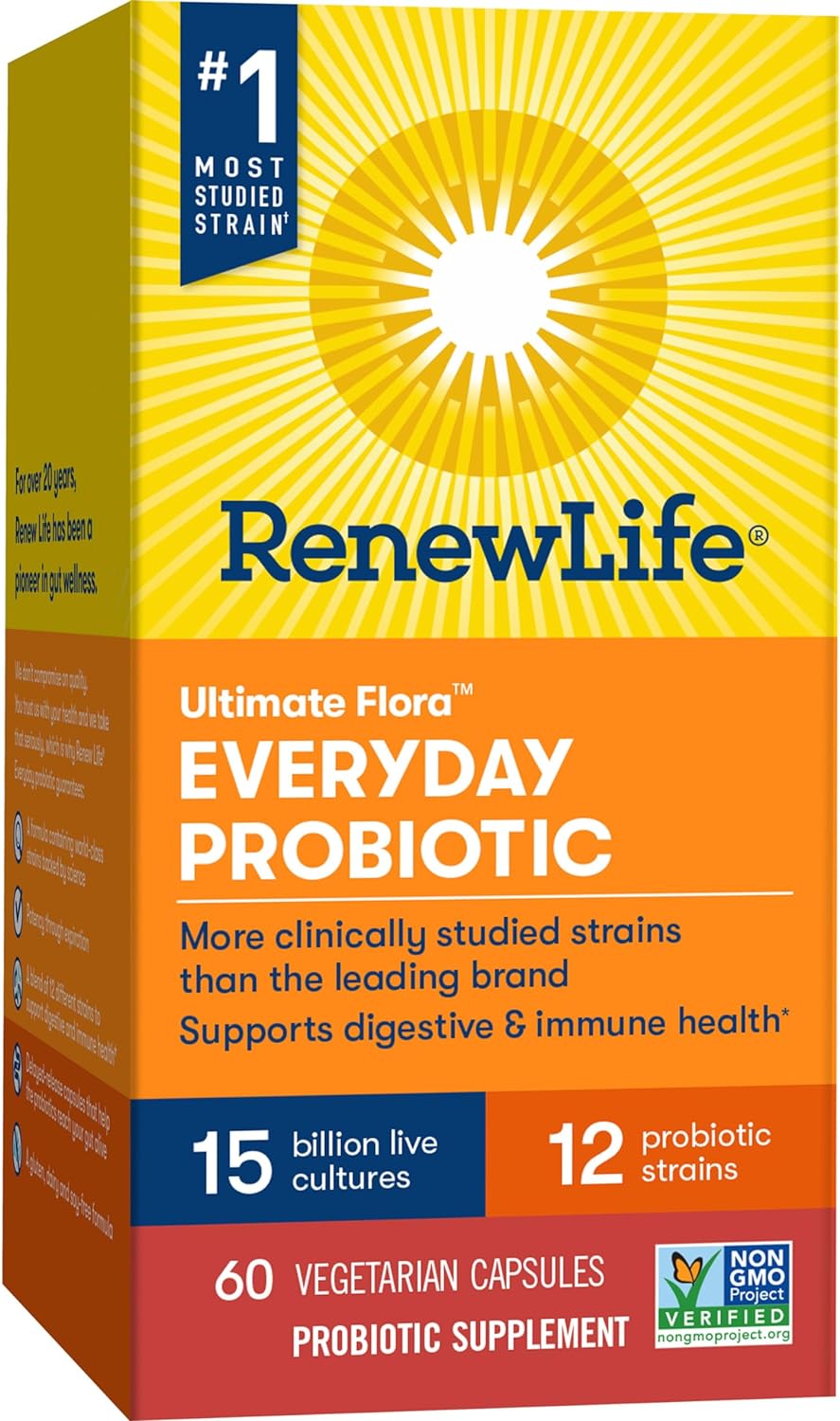 Renew Life Everyday Probiotic Capsules, Daily Supplement Supports Urinary, Digestive and Immune Health, L. Rhamnosus GG, Dairy, Soy and gluten-free, 15 Billion CFU, 60 Count : Health & Household