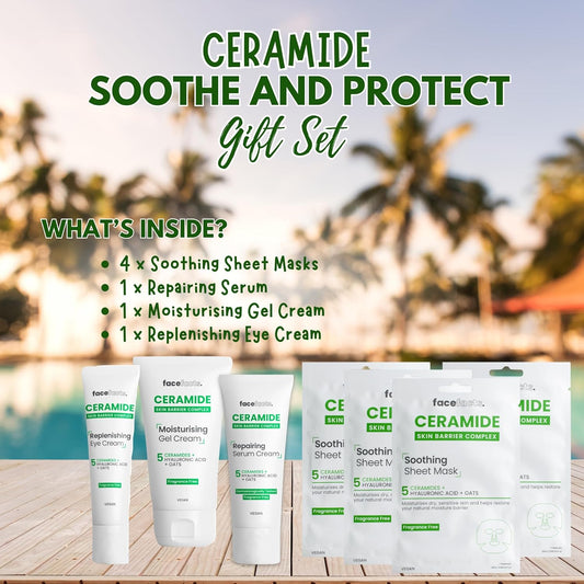 Face Facts Ceramide Skincare Gift Set – Hydrating Vegan Face Care Including 4 Masks, Gel Cream, Eye Cream & Serum – Suitable For Dry, Sensitive & All Skin Types – 5 Ceramides + Hyaluronic Acid