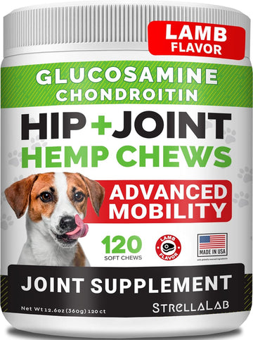 Advanced Hemp + Glucosamine Dog Joint Supplement - Hip Joint Pain Relief - Mobility Hemp Chews For Dogs - Chondroitin, Msm, Omega - Hemp Oil Treats - Made In Usa - Lamb Flavor - 120 Hemp Treats