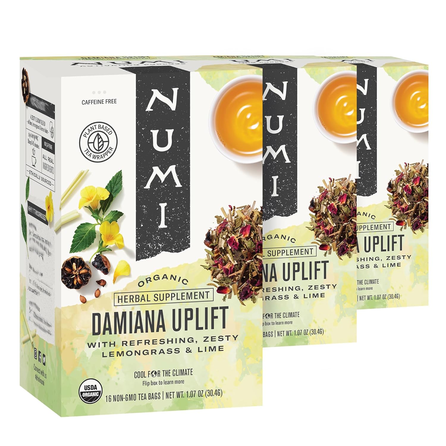 Numi Organic Damiana Uplift Tea With Lemon Balm & Lemongrass (Pack Of 3), 16 Count Herbal Tea Bags