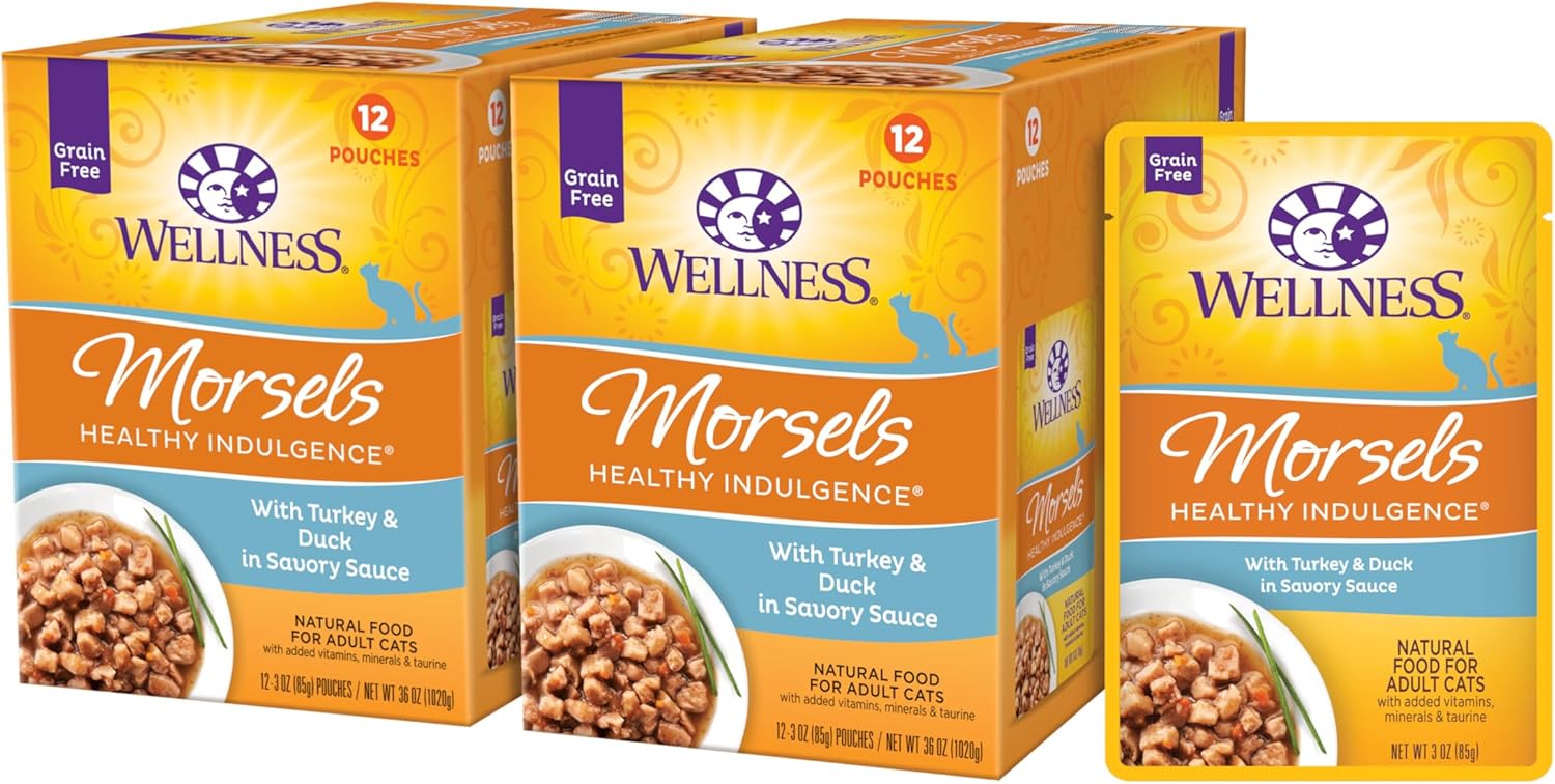 Wellness Healthy Indulgence Morsels Grain-Free Wet Cat Food, Made With Natural Ingredients And Quality Proteins, Complete And Balanced Meal, 3 Oz Pouches (Turkey & Duck In Savory Sauce, 24 Pack)