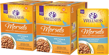 Wellness Healthy Indulgence Morsels Grain-Free Wet Cat Food, Made With Natural Ingredients And Quality Proteins, Complete And Balanced Meal, 3 Oz Pouches (Turkey & Duck In Savory Sauce, 24 Pack)