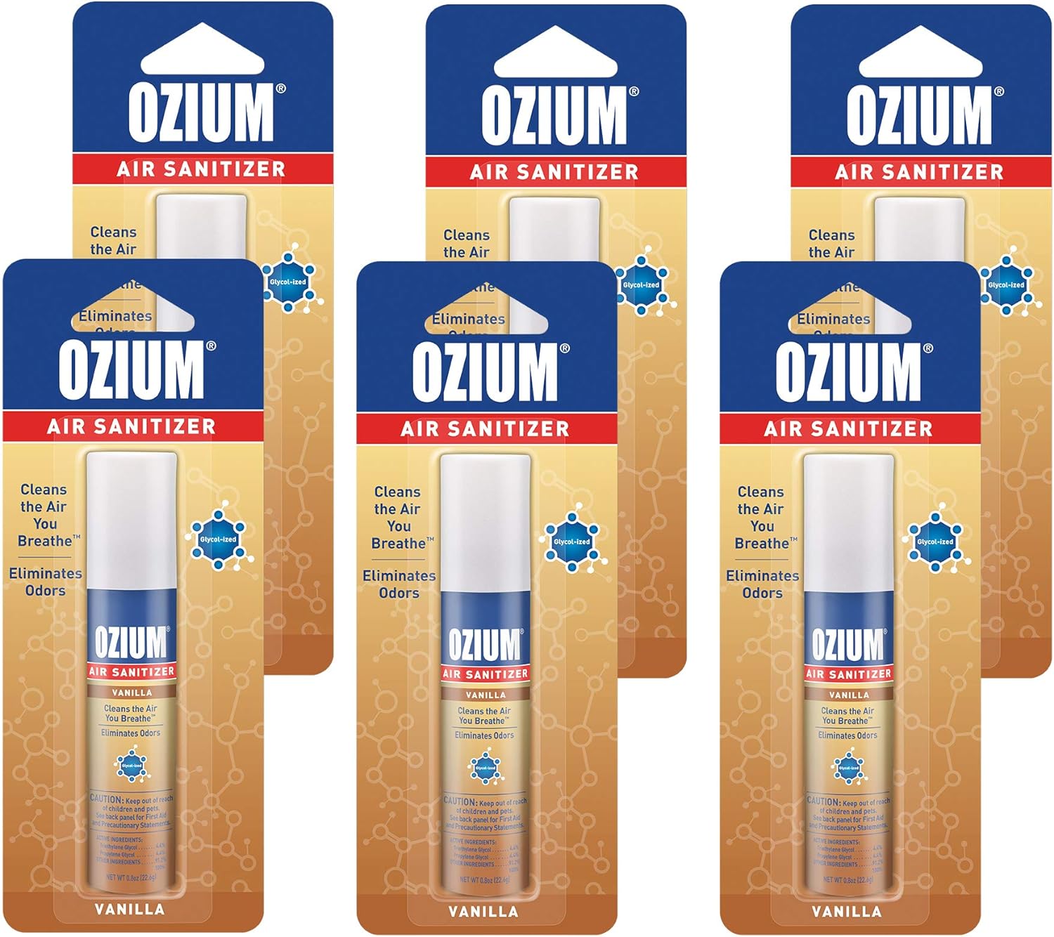 Ozium 0.8 oz. Air Sanitizer & Odor Eliminator for Homes, Cars, Offices and More, Vanilla Scent, Pack of 6