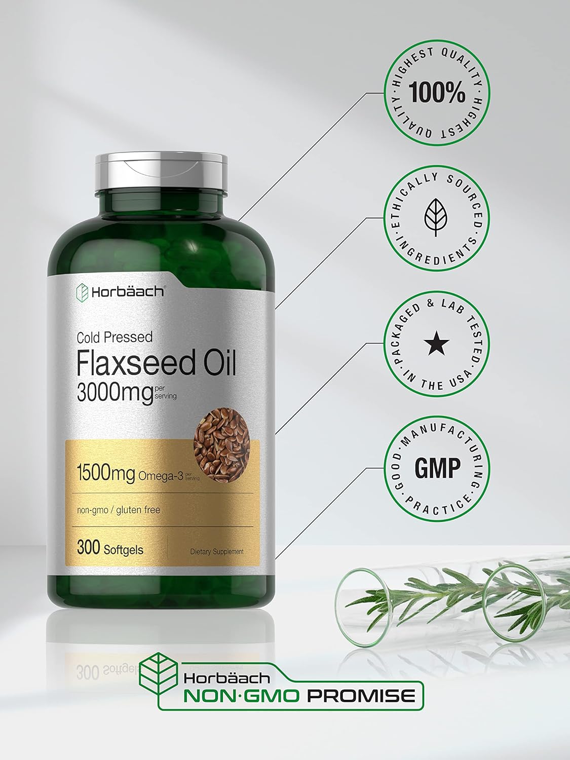 Horbäach Flaxseed Oil Softgel Capsules 3000mg | 300 Count | High Potency | with Omega 3 6 9 | Non-GMO, Gluten Free | Cold Pressed Flax Seed : Health & Household