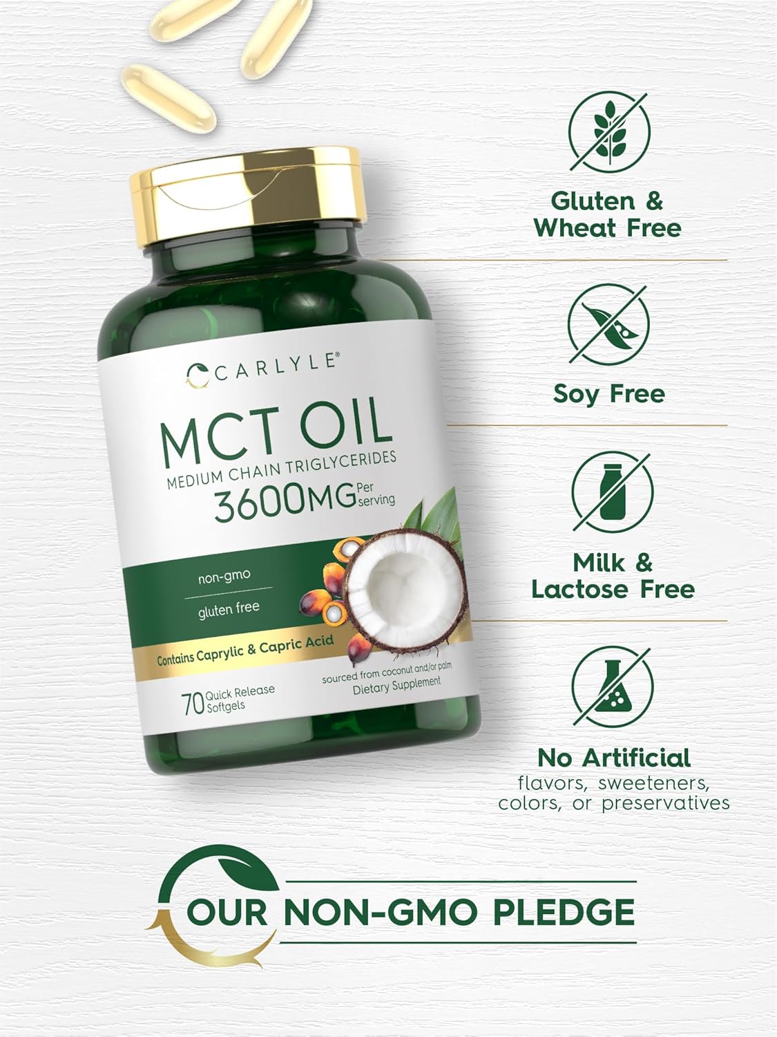 Carlyle MCT Oil Capsules 3600 mg | 70 Softgels | Keto Coconut Oil Pills | Non-GMO & Gluten Free Supplement : Health & Household