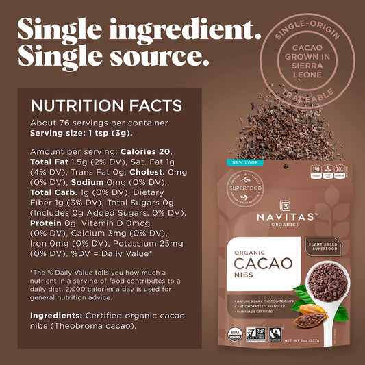 Navitas Organics Raw Cacao Nibs, 8 Oz. Bag, 76 Servings — Organic, Non-Gmo, Fair Trade, Gluten-Free