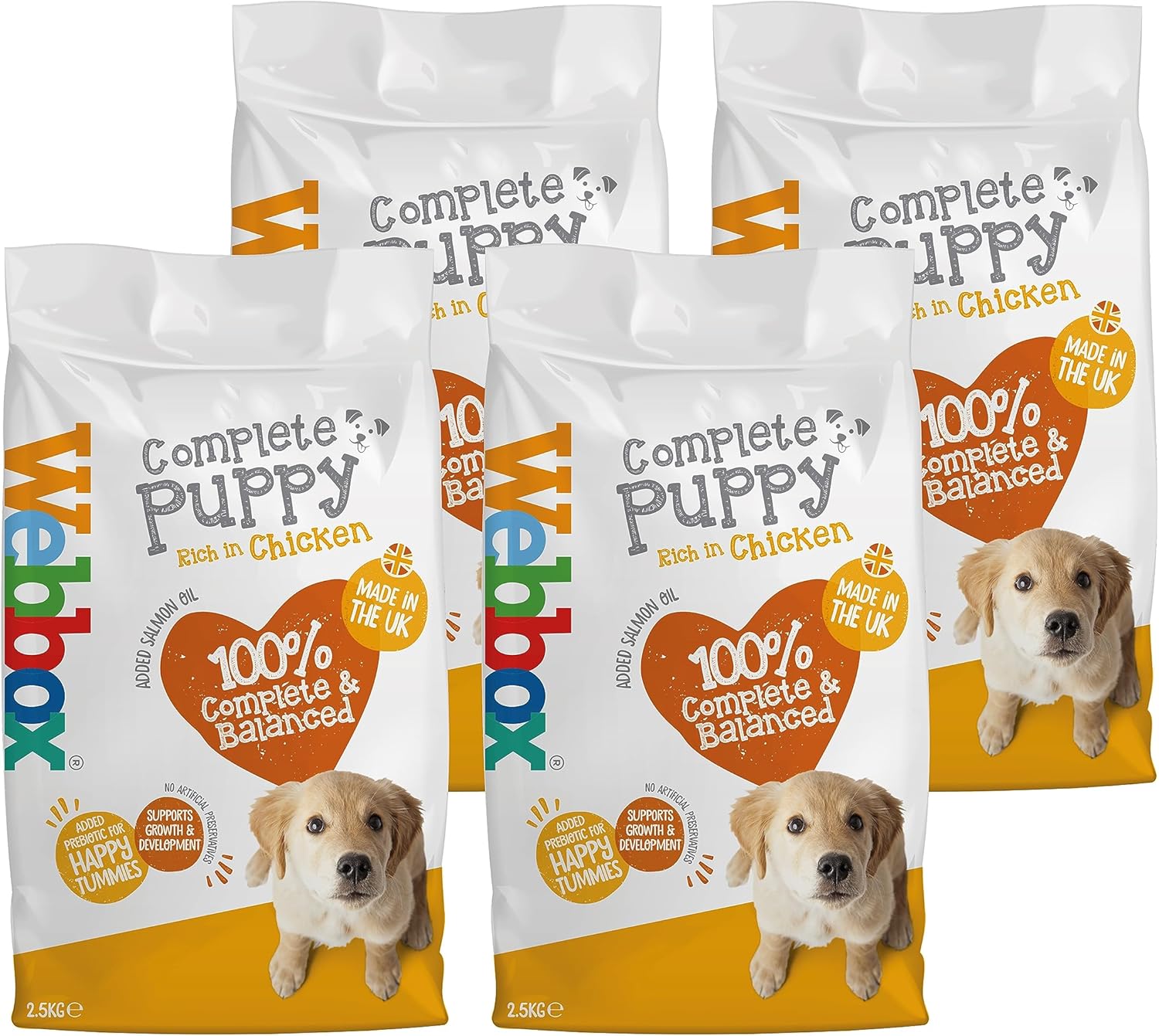Webbox Complete Dry Puppy Food, Chicken and Vegetables - Supports Growth and Development, Added Prebiotic for Happy Tummies, Made in the UK (4 x 2.5kg Bags)