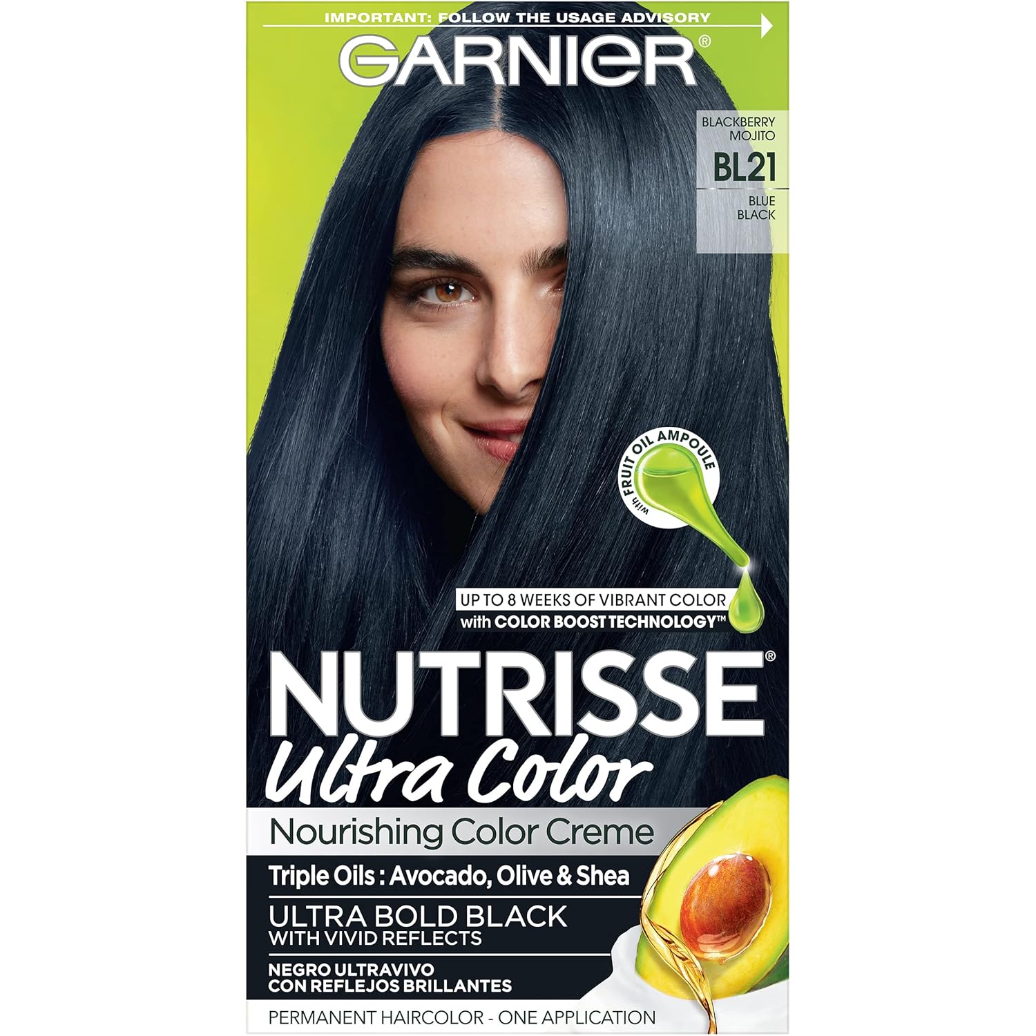 Garnier Hair Color Nutrisse Ultra Color Nourishing Creme, Bl21 Reflective Blue Black (Blackberry Mojito) Permanent Hair Dye, 1 Count (Packaging May Vary)