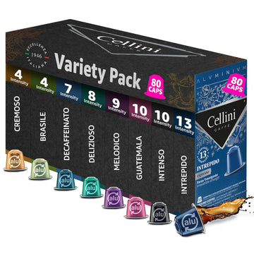 Cellini Caffè Mixed Variety Aluminum Nespresso Pods, 8 Distintive Italian Flavors, 100% Nespresso Original Machine Compatible, 80 Count, Medium To Strong Roast Coffee Capsules